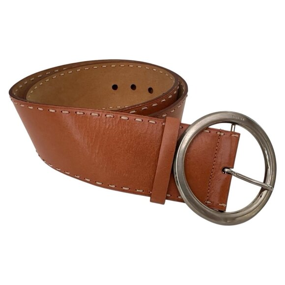 PRADA Belt Women 36 EU 90 Wide Leather Brass Round Buckle Hippie Statement Italy - Picture 7 of 16